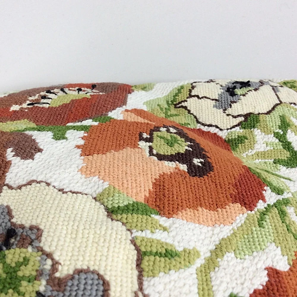 Vintage Needlepoint Handmade Decor Pillow w/ Zipped Cover Floral Pansies